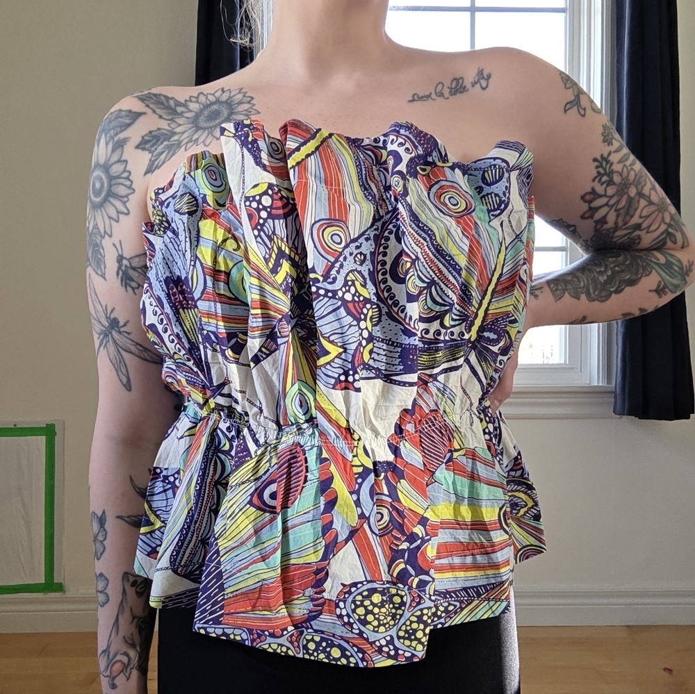 Anthropologie Multi-Color Abstract Print Strapless Peplum Top - Picture 2 of 10